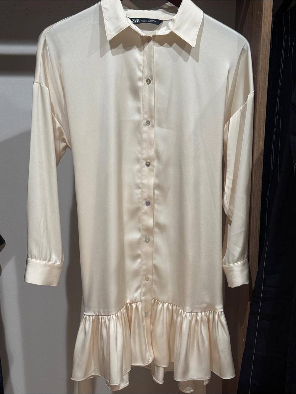 Zara Cream Satin Button-Down Ruffle-Hem Dress